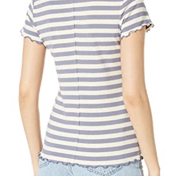 PAIGE Senne Tee Womens Medium Blue Ivory Striped Ribbed Lettuce Hem Top Preppy - Picture 9 of 9